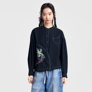 MOVEUP幻走2026春季新款.FUN系列纯棉落肩撞色线绣花短款衬衫女