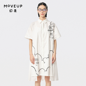 MOVEUP幻走2024夏季新款.FUN系列可爱印花缩褶设计师纯棉连衣裙