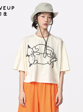 【商场同款】MOVEUP幻走2024夏季新款立体猫咪设计师纯棉短款T恤