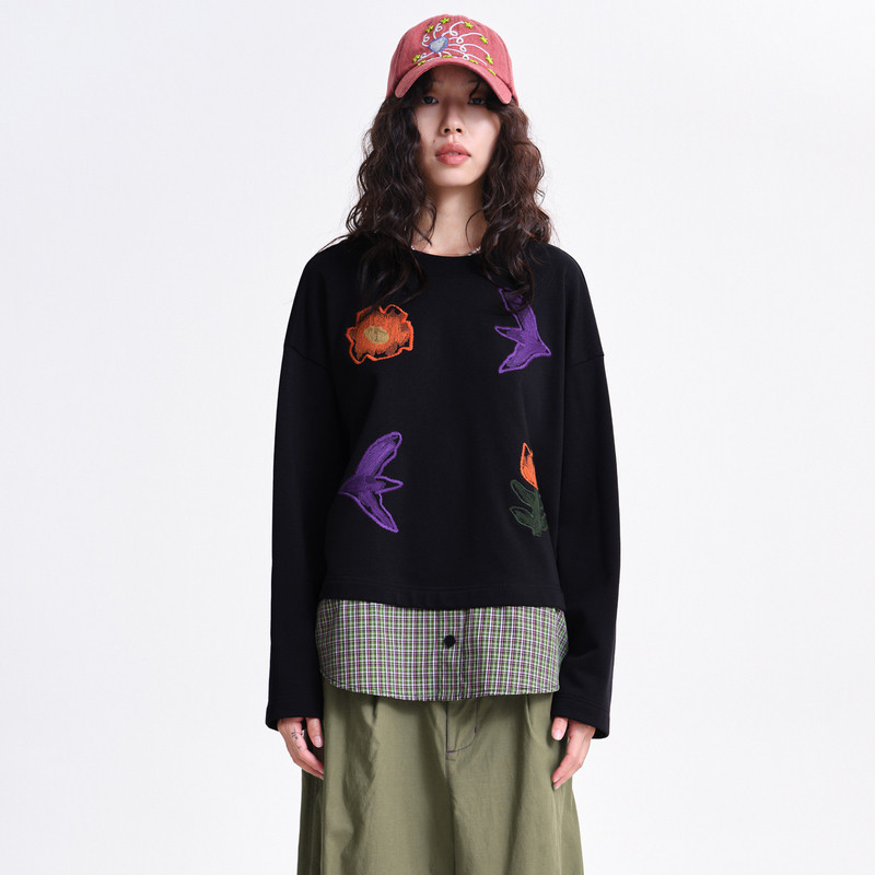 MOVEUP幻走2026春季新款.FUN系列圆领趣味绣花撞色格纹短款卫衣女