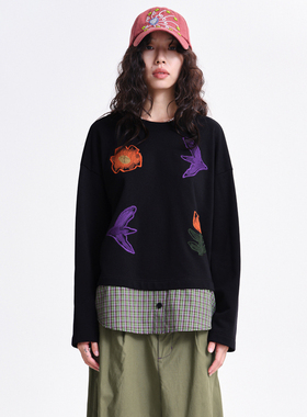 MOVEUP幻走2026春季新款.FUN系列圆领趣味绣花撞色格纹短款卫衣女