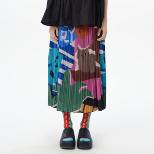 丈根腰头印花压褶半身裙 MOVEUP幻走2025夏季 超能小太阳