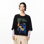 T恤女 .FUN系列假两件条纹袖 新款 口印花短款 MOVEUP幻走2025秋季