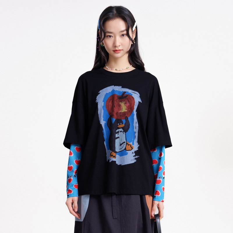 MOVEUP幻走2026春季新款.FUN系列假两件圆领纯棉印花短款T恤女