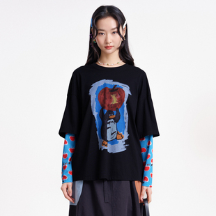 MOVEUP幻走2026春季新款.FUN系列假两件圆领纯棉印花短款T恤女