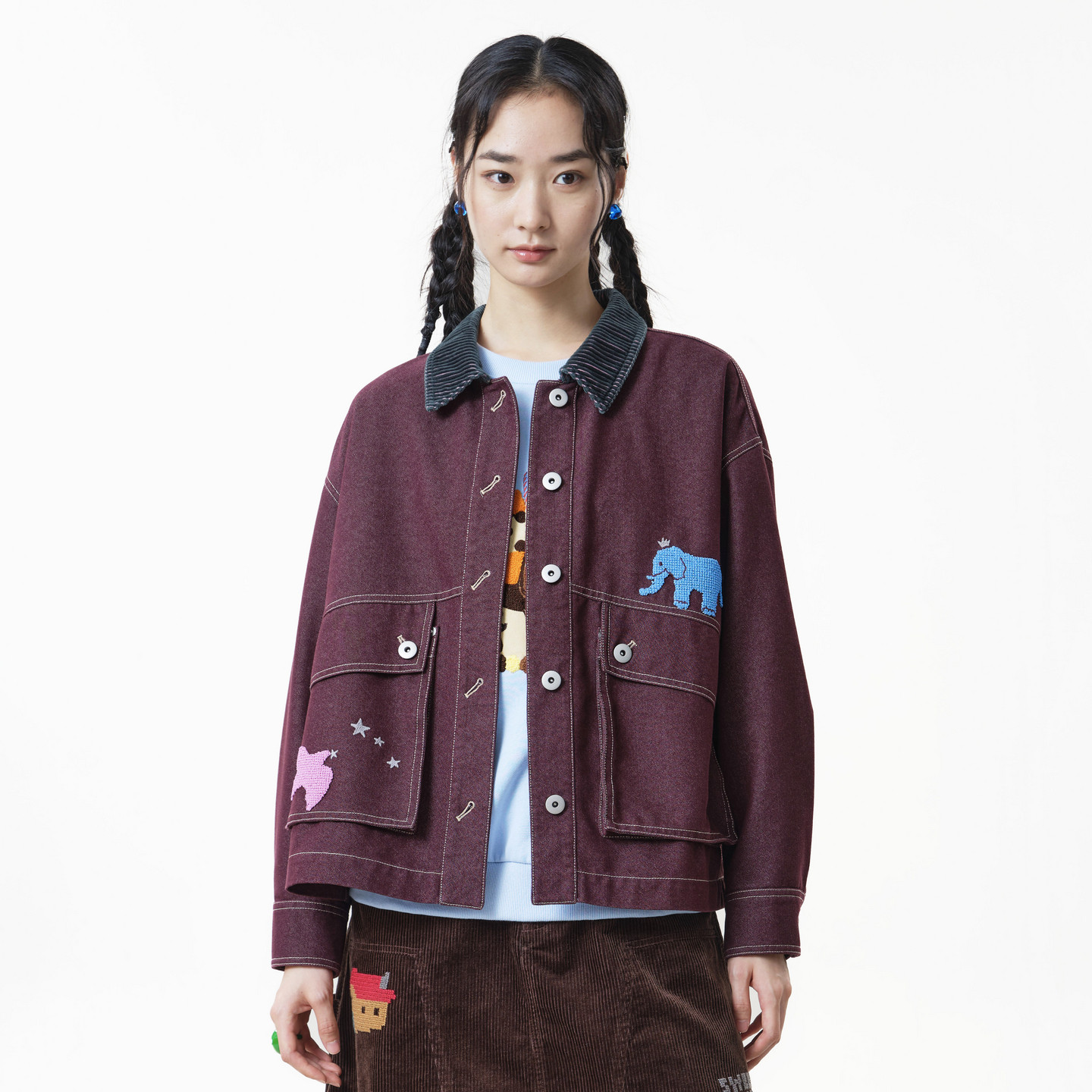 MOVEUP幻走2026秋季新款.FUN系列灯芯绒翻领贴袋绣花短款外套女