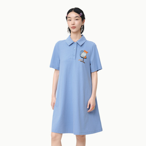 polo领、猫咪绣花、A型裙摆