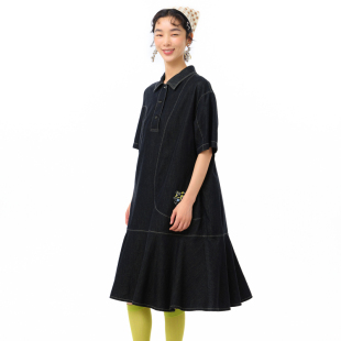 MOVEUP幻走2025夏季 .FUN系列纯棉翻领绣花荷叶边牛仔连衣裙 新款