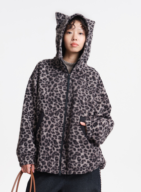 MOVEUP幻走2025冬季新款.FUN系列猫耳朵豹纹丈根收口短款外套女