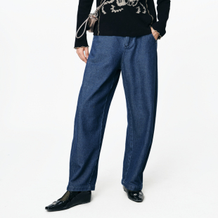 女 .FUN系列后腰松紧绣花口袋牛仔直筒裤 MOVEUP幻走2025秋季 新款