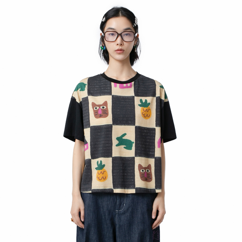 MOVEUP幻走2025夏季新款.FUN系列纯棉圆领色块印花短款T恤女