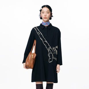 MOVEUP幻走2025秋季 .FUN系列纯棉翻领印花鱼尾裙摆针织连衣裙 新款