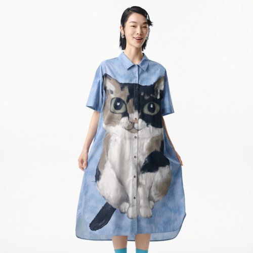 猫咪印花、口袋、落差下摆