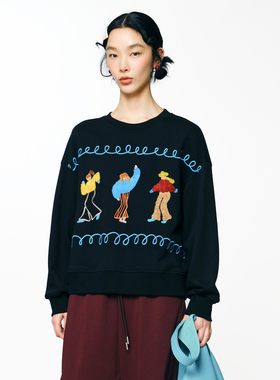 MOVEUP幻走2025秋季新款.FUN系列圆领复古绣花休闲宽松短款卫衣女