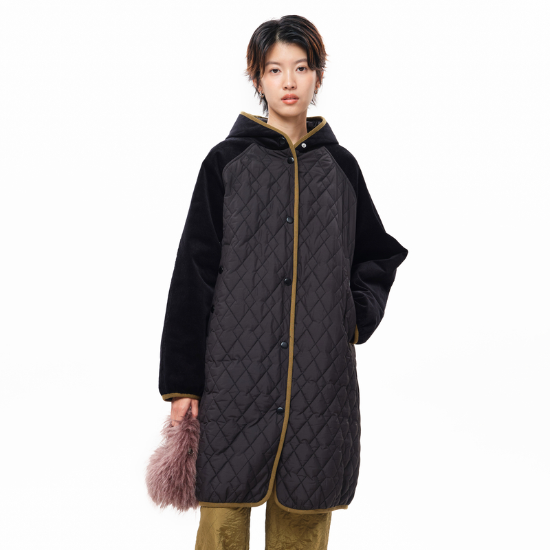 MOVEUP幻走2025冬季新款.FUN系列连帽口袋四合扣裥棉长款棉外套女