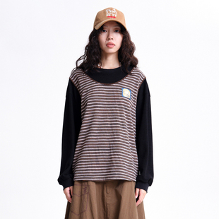 MOVEUP幻走2026春季新款.FUN系列圆领假两件条纹织唛短款T恤