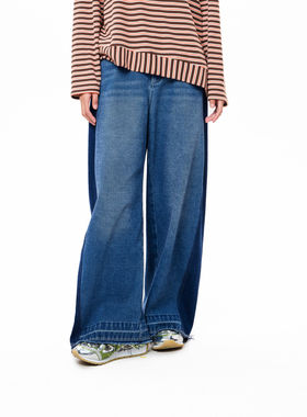 MOVEUP幻走2025冬季新款.FUN系列后腰松紧深色侧边牛仔直筒裤女