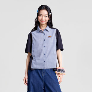 衬衫 .FUN系列小落肩猫咪绣花章仔短款 女 新款 MOVEUP幻走2026春季