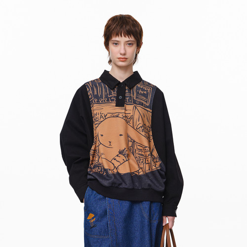 翻领、印花、袖口收口