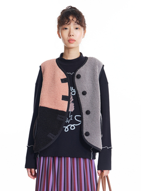 MOVEUP幻走2025冬季新款.FUN系列撞色拼接蘑菇扣口袋短款马甲女