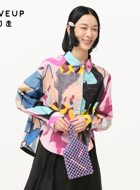 【商场同款】MOVEUP幻走2024秋季新款纽扣开衩印花设计短款衬衫女