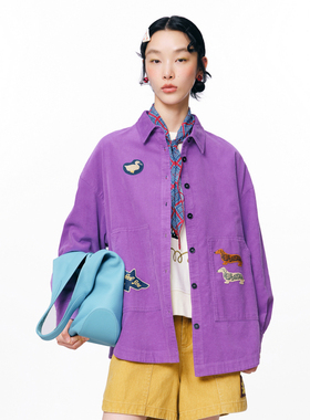 MOVEUP幻走2025秋季新款.FUN系列纯棉大贴袋趣味章仔中长款衬衫女