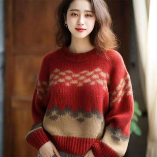 宽松慵懒风套头毛衣女法式厚款洋气减龄显瘦上衣秋冬针织衫外穿女