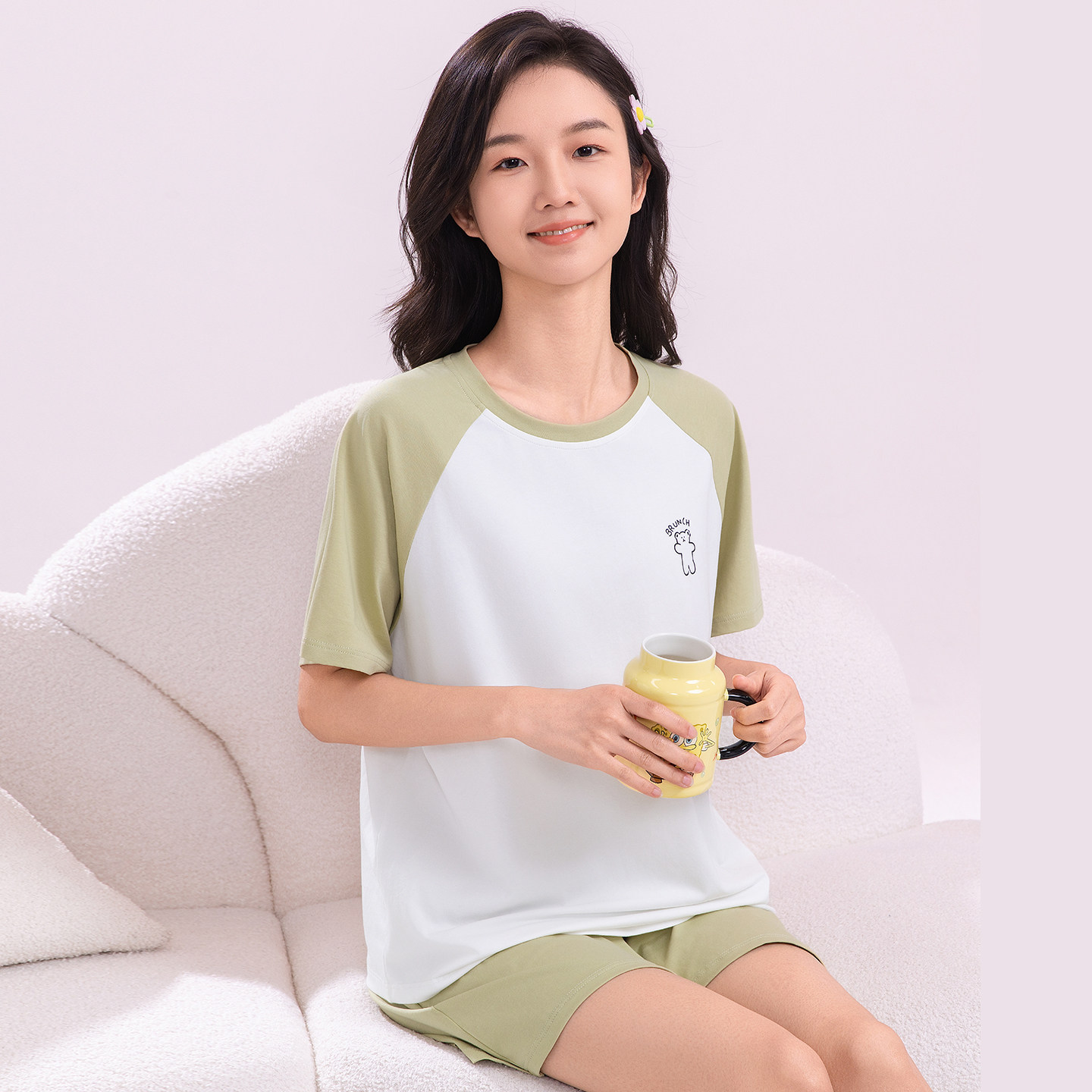 短袖带胸垫家居服套装纯棉