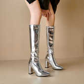 靴子显瘦粗跟长筒靴银色尖头过膝靴大码 秋冬新款 46外贸