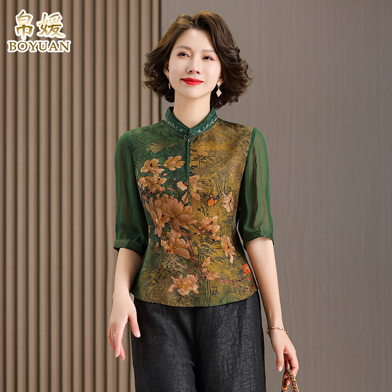 香云纱上衣女士中袖新中式轻奢真丝衬衫中老年妈妈高端品牌新款