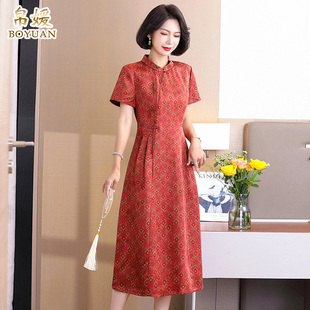 帛媛正品 媽媽真絲改良旗袍春夏紅色桑蠶絲禮服 香云紗連衣裙女新款