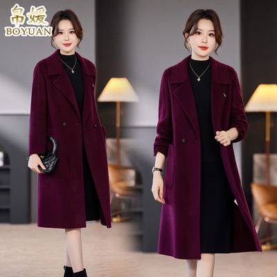 帛媛紫色双面呢羊毛大衣羊绒外套