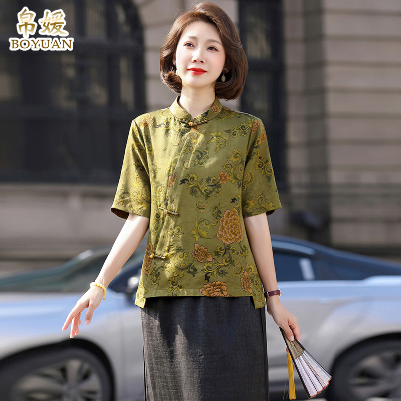帛媛夏季新款真丝香云纱上衣短款