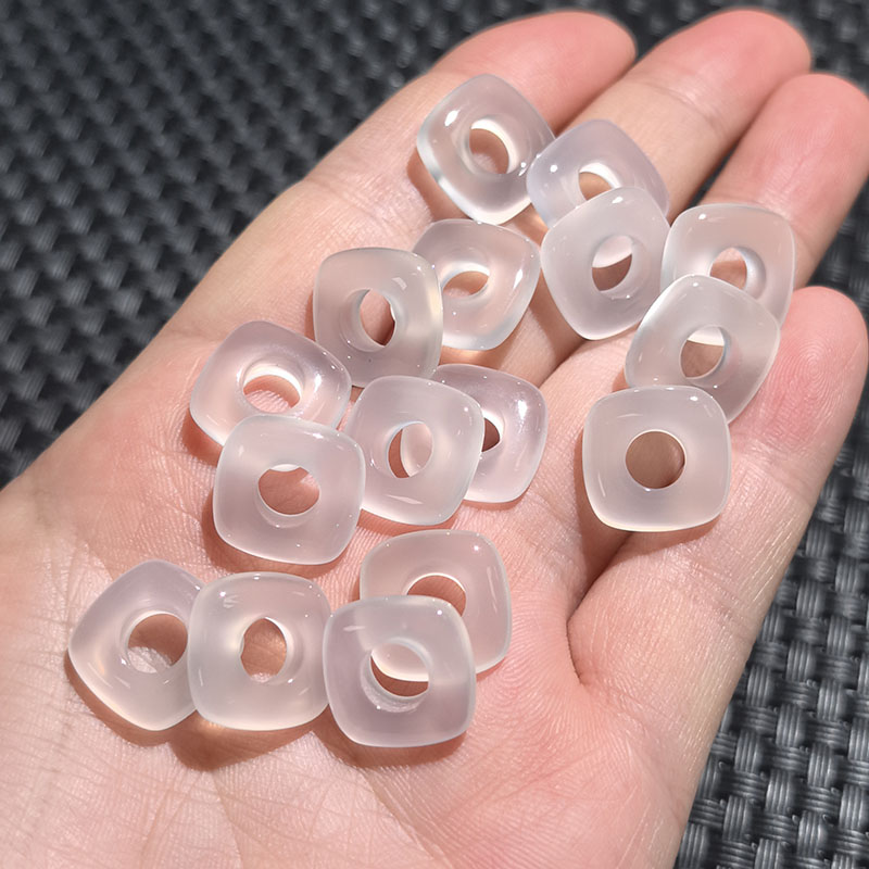 14mm天然白玉髓玛瑙 方形圆孔吊坠DIY配饰固定配件荔枝跑环平安扣