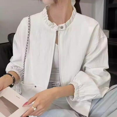 高级韩系美腻花苞立领短款外套女春秋设计感简约时尚拉链夹克上衣