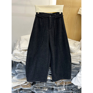 九分弯刀裤 加绒加厚小个子宽松直筒裤 女冬季 山羊绒毛呢阔腿休闲裤