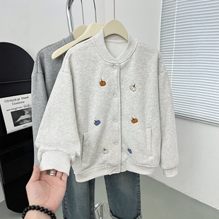 浅灰色南瓜刺绣立领开衫卫衣棒球服女女秋冬加绒保暖韩系外套