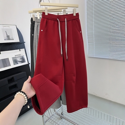 中国红高腰显瘦弯刀卫裤女春秋冬美式复古休闲阔腿裤宽松运动长裤