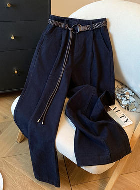 藏蓝色洗水棉百搭休闲裤女秋季韩版时尚质感梨形遮肉直筒弯刀裤