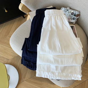 莱赛尔天丝松紧腰显瘦木耳花边休闲裤女夏季薄款宽松百搭阔腿裤子