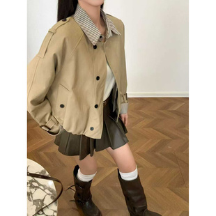 高端条纹领假两件夹克衫女春秋新款时尚气质百搭立领短款风衣外套