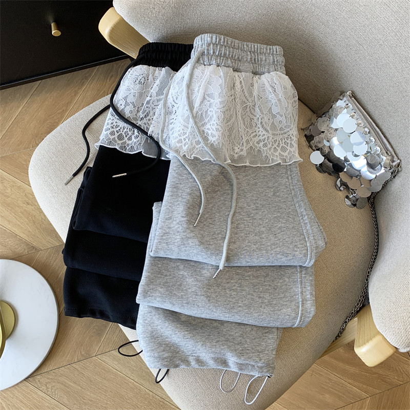 韩系蕾丝花边阔腿裤女春夏假两件屁帘直筒运动卫裤抽绳束脚休闲裤,女装/女士精品,卫裤,淘宝优惠券,粉丝福利购,淘宝优惠卷