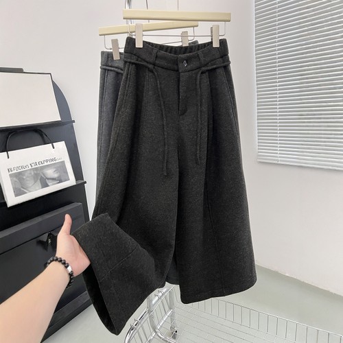 高端欧货羊绒毛呢高腰休闲裤女秋冬加绒加厚中缝百搭九分直筒裤子