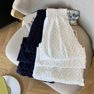 波点木耳花边阔腿裤女夏季莱赛尔天丝高腰宽松百搭休闲直筒九分裤