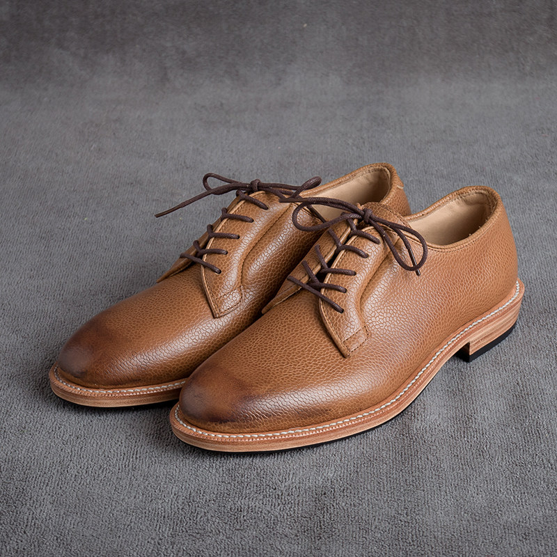 履诚 一片式德比鞋 布鲁彻尔 荔枝纹牛皮男士商务休闲皮鞋