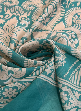 真丝棉混纺时装布料 湖蓝色复古图案印花95cm定位花雪纺面料 丝巾