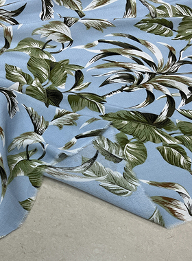 天蓝色海岛树木叶子印花全棉时装布料 亲肤柔软面料 连衣裙 衬 衫