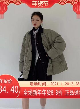 【 LILY】现货！拼接领双排扣中长款保暖羽绒服外套(含90%白鸭绒)