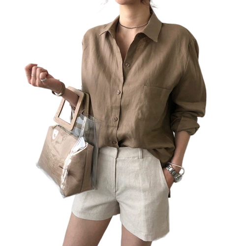 Осенняя белая сексуальная рубашка, из хлопка и льна