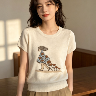 桑蚕丝羊毛春夏轻薄短袖针织衫女